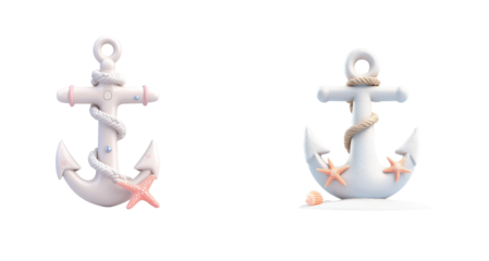 Two unique anchors with nautical designs and marine elements like rope and starfish