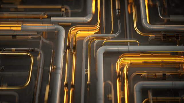 Intricate Network of Glowing Metallic Pipelines Illustrating Advanced Industrial Systems, Energy Distribution, and Complex Data Flow