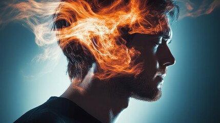 man, thinking too much, symbolized by a mental turmoil. generative ai