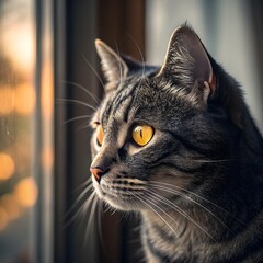 Portrait of a beautiful gray striped cat close up