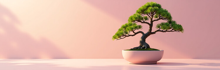 sleek bonsai tree stands serene soft pink backdrop delicate branches reflected calm water bathed warm afternoon