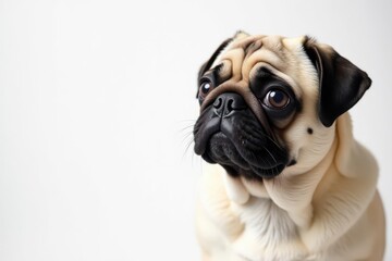 Solo pug, attentively looking, pure white backdrop, photography, single