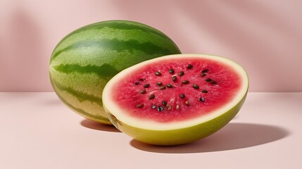 Fresh Watermelon Sliced Open with Bright Pink Flesh on Pink Surface