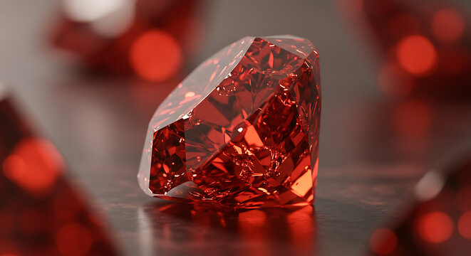 A dazzling red faceted gemstone, possibly a ruby or garnet, stands prominently with several others blurred in the background, showcasing luxury and brilliance.