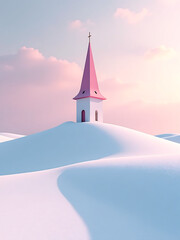 solitary pink church steeple rises serene snowy landscape warmly illuminated soft morning sunlight casting long shadows across
