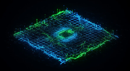 
Abstract digital landscape with glowing blue and green data streams flowing over a grid, representing complex information networks or a futuristic chip.