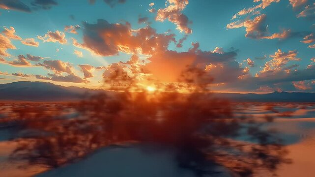 Radiant Sunset Over Sandy Desert Dunes with Orange and Blue Sky Hues Creating a Peaceful Landscape in Golden Hour