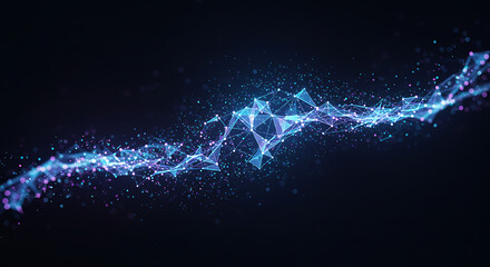 
A flowing stream of interconnected blue and purple particles forming an abstract wave against a dark background, representing digital data or energy