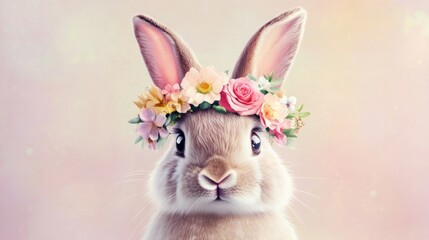 Adorable cartoon bunny with a vibrant flower crown, close-up illustration on a pastel background generative ai