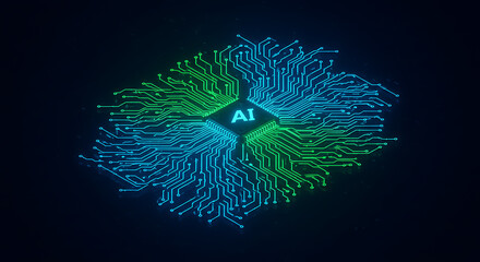 AI processing unit with glowing green and blue circuits on a dark background, symbolizing advanced...