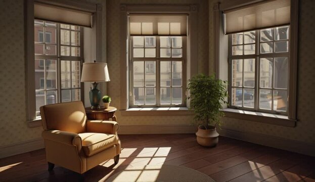 Sunlit room cozy armchair plant wooden floor