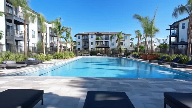 Sparkling Blue Swimming Pool Surrounded by Modern Apartment Buildings Palm Trees and Clear Blue Sky Creates a Luxurious Tropical Atmosphere