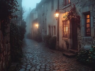 Mystical Winter Pathway with Vintage Lanterns and Snow. Generative AI.
