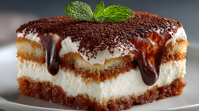 A decadent slice of layered Italian tiramisu dessert, generously drizzled with rich chocolate sauce and garnished with a fresh mint leaf