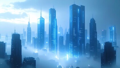 Futuristic city skyline immersed in fog with luminous blue lights ideal for sci-fi film backdrops urban technology narratives or cyberpunk aesthetics
