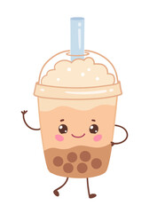 Vector illustration of smiling bubble tea with whipped topping and straw. Flat design, kawaii drink concept.