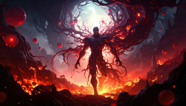 Fantasy depiction of a powerful humanoid figure emerging from lava and darkness representing chaos, power, or mythical transformation