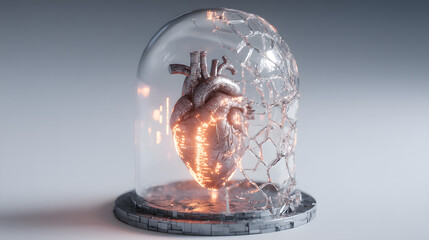 A futuristic concept of a glowing artificial heart breaking free from a shattering glass bell jar, symbolizing emotional release and vulnerability