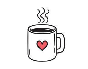 Mug of hot drink with cute doodle heart isolated hand drawn icon. Outline drawing cup with hot coffee or tea line clipart symbol