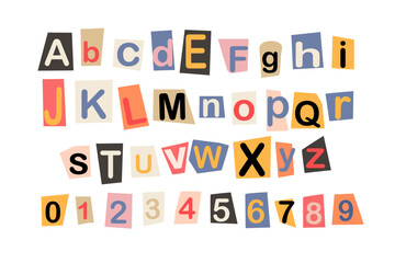 Colorful ransom note style alphabet and numbers cut from paper pieces isolated on white background vector