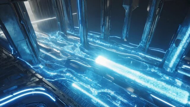 Dynamic aerial shot. A fluid, millions of glowing nanites geometric data packets river flows sleek, minimalist high-tech Nanite industrial facilities. Close up energy shield attack. Legacy microscopic