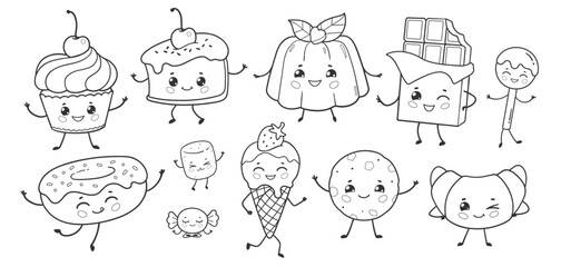 Vector illustration of cute desserts and sweets in black and white line art. Collection includes cupcake, chocolate, jelly, and more.