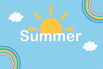 Fototapeta premium Bright summer sun with rainbows and clouds on blue background in cheerful cartoon flat design