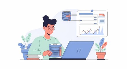 Data Analyst Working with Databases and Analytics Charts on Laptop