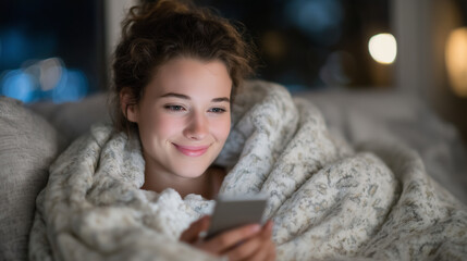 Young girl lies in cozy bed with soft blankets, holding smartphone above her face, screen light illuminating her delighted smile in darkened room.