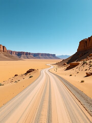 winding gravel road stretches across vast arid expanse golden sand withered rock formations piercing blue sky high