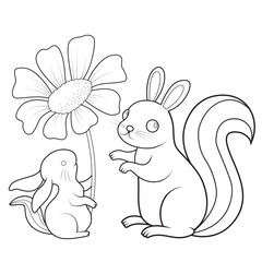 Squirrel and Bunny Admiring a Giant Sunflower