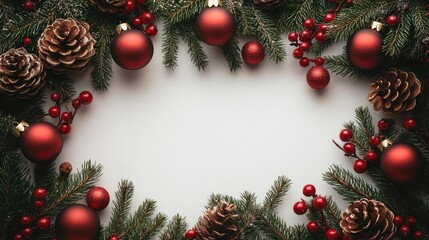 Festive red Christmas ornaments frame on white background