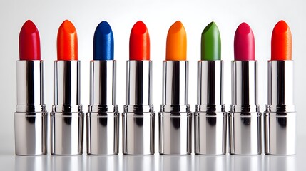 Obraz premium A Vibrant Collection of Colorful Lipsticks in Metallic Cases Displayed in a Row.