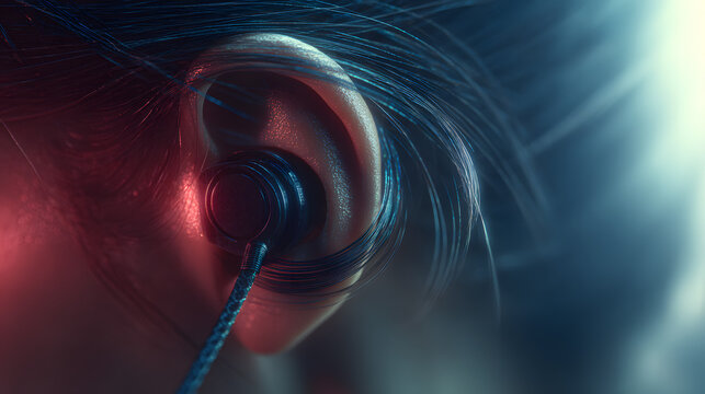 Ear with Earphone Close-up of Hearing Connection and Personal Audio