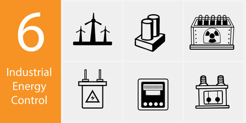 Industrial Energy Control Icon Set – 6 Vector Illustrations for Power, Efficiency & Automation