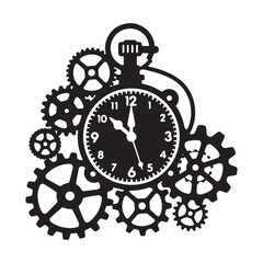 Steampunk clock with gears and cogs silhouette ornament Silhouette white Background.