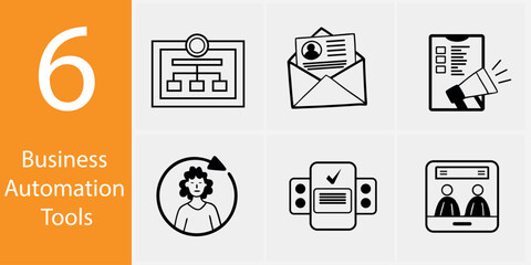 Business Automation Tools – 6 Vector Icon Set for Workflow, Process, and Productivity Solutions
