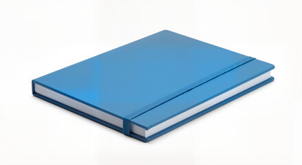Closed blue notebook with elastic band, minimal educational object for back-to-school designs, study blogs, and organizational stationery branding