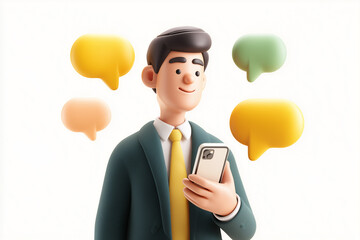 Corporate Cartoon Character Holding Phone with Chat Bubbles, 3D Illustration, Bright Flat Vector Style