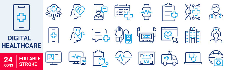 Obraz premium Digital healthcare and telemedicine web line icons. editable stroke. vector illustration. 
