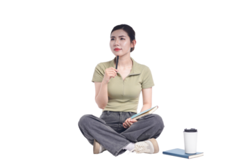 portrait of young asian female student sitting on white background posing