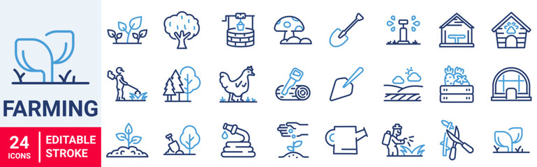 Farming web line icons. Garden. Containing plant, flowers, trees, watering can, fence, cultivate and gardening icons. Vector illustration © Ruslan Ivantsov