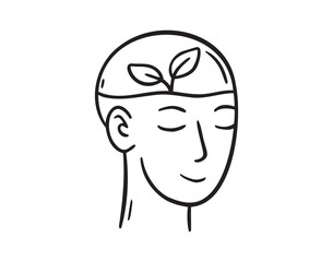 sprout growing inside brain man head doodle hand drawn icon. Outline drawing line clipart symbol sustainable eco thinking, creative idea development. 