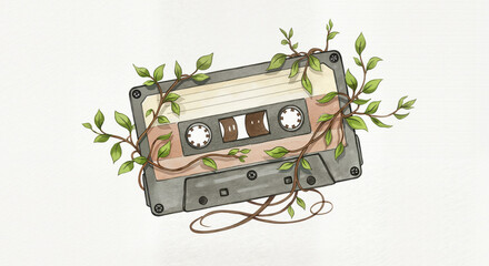 Vintage cassette entangled in green vines, eco-retro concept for nostalgia blogs, music history, and Earth Day promotional materials