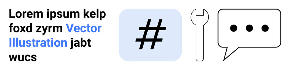 Obraz premium metadata tag in blue square, wrench icon, and speech bubble with dots. Ideal for collaboration, social media, technology, communication, marketing, tools and a simple landing page
