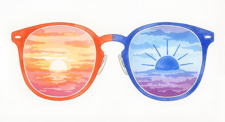 Sunglasses reflecting sunset and sunrise, duality and perspective illustration for travel branding, summer campaigns, mental health content, lifestyle blogs and inspirational visuals

