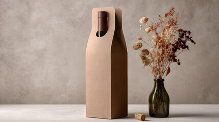 Elegant presentation of a wine bottle in a natural kraft paper gift bag, artfully paired with rustic dried flowers and a cork, perfect for gifting or special occasions