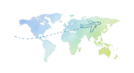 Watercolor world map with airplane and flight path, global travel illustration for blogs, tourism websites, educational content, logistics, migration studies, travel planning tools

