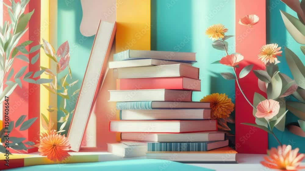 Aufkleber stack of books sitting on a table with a simple background, perfect for an office or study scene