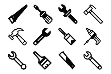 Obraz premium Set of industrial essential tools like hammer, plus, screw driver, brush, wrench, drill machine icon vector illustration on white background.